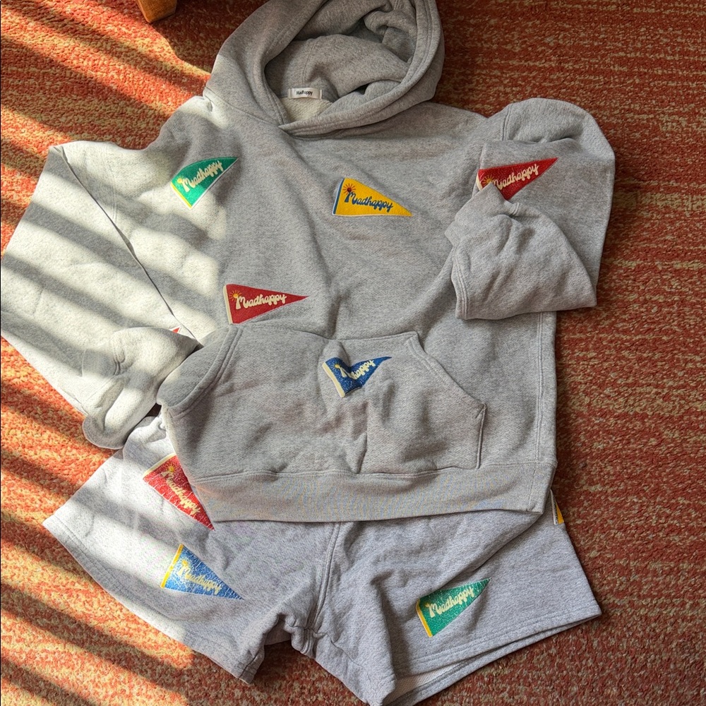 Madhappy Gray Hoodie & Shorts Set with Colorful Pennant Patches
